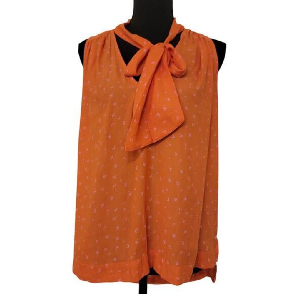 Free People Neck Bow Tie Coral Top Sz SM Orange Ditsy Print Feminine Tomato Girl